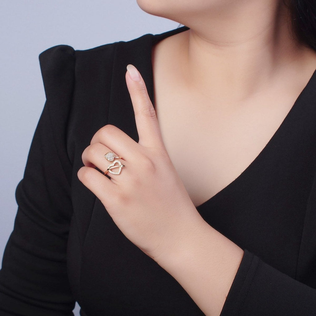 16K Gold plated Two Micro Pave CZ Hearts with Arrow Open Adjustable Ring S-233 - DLUXCA