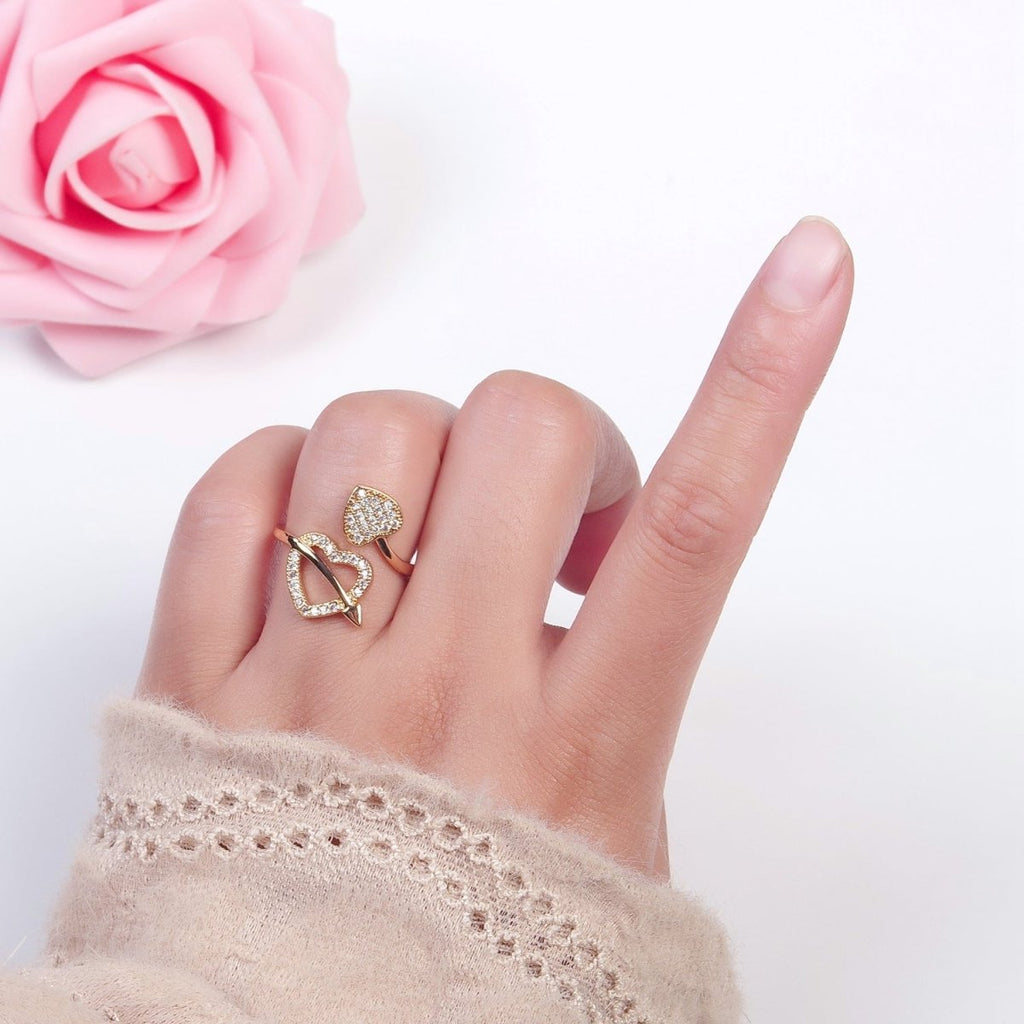 16K Gold plated Two Micro Pave CZ Hearts with Arrow Open Adjustable Ring S-233 - DLUXCA