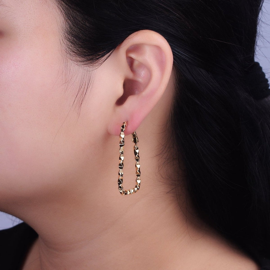 16K Gold plated U-Shaped 30mm, 40mm Dented Geometric Hinge Hoop Earrings in Gold & Silver | AB143 AB187, AD800 AD801 - DLUXCA