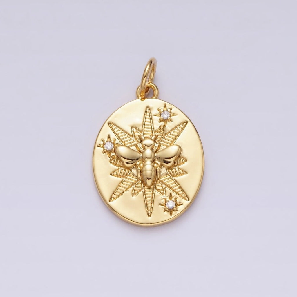 16K Gold plated Wasps Bee Insect Celestial Star Lined Oval Charm | AC1287 - DLUXCA