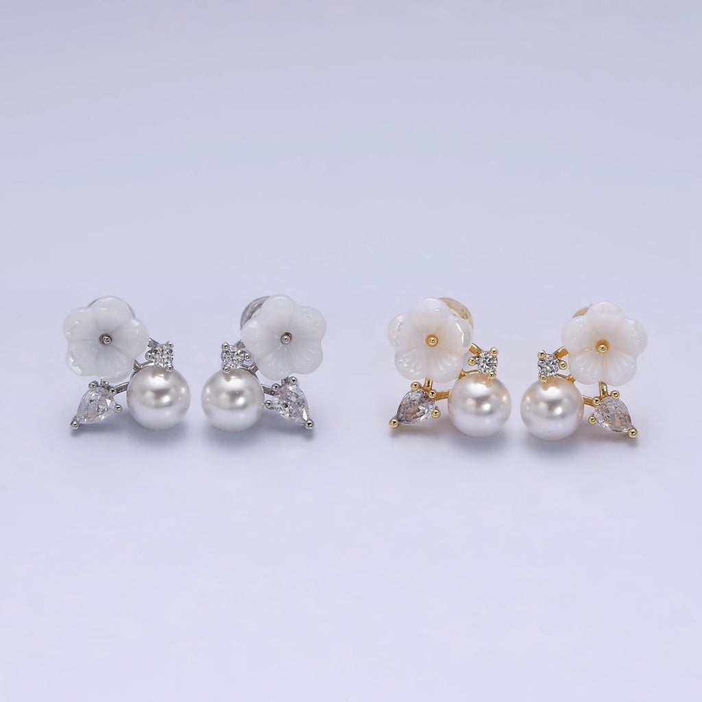 16K Gold plated White Acrylic Flower Pearl CZ Stud Earrings in Gold & Silver | AD1558 AD1559