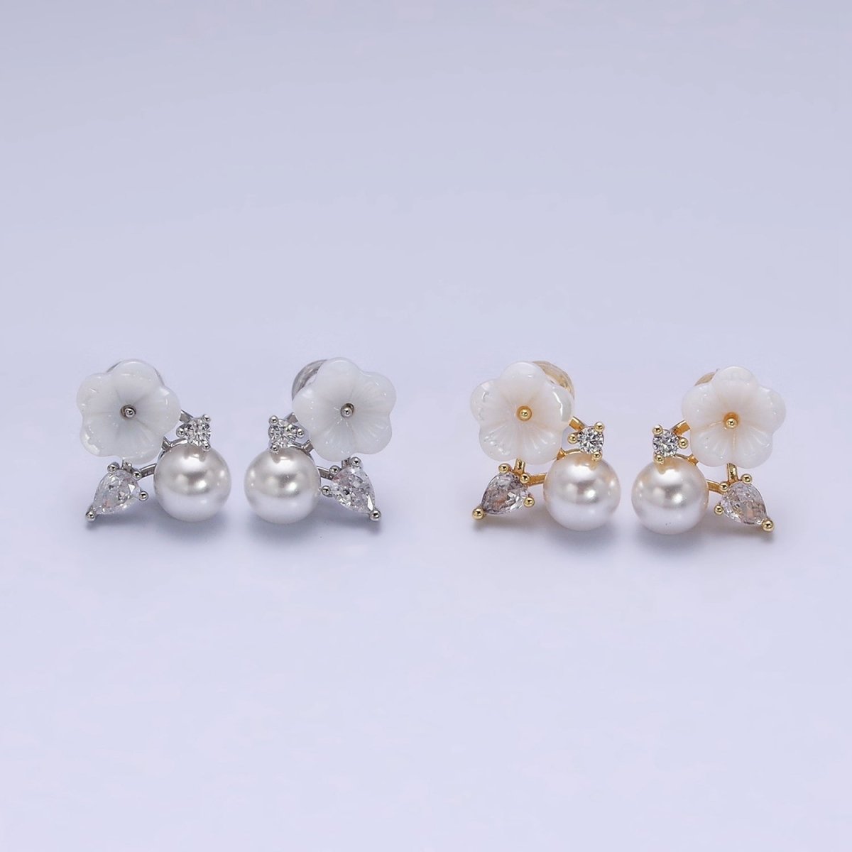 16K Gold plated White Acrylic Flower Pearl CZ Stud Earrings in Gold & Silver | AD1558 AD1559