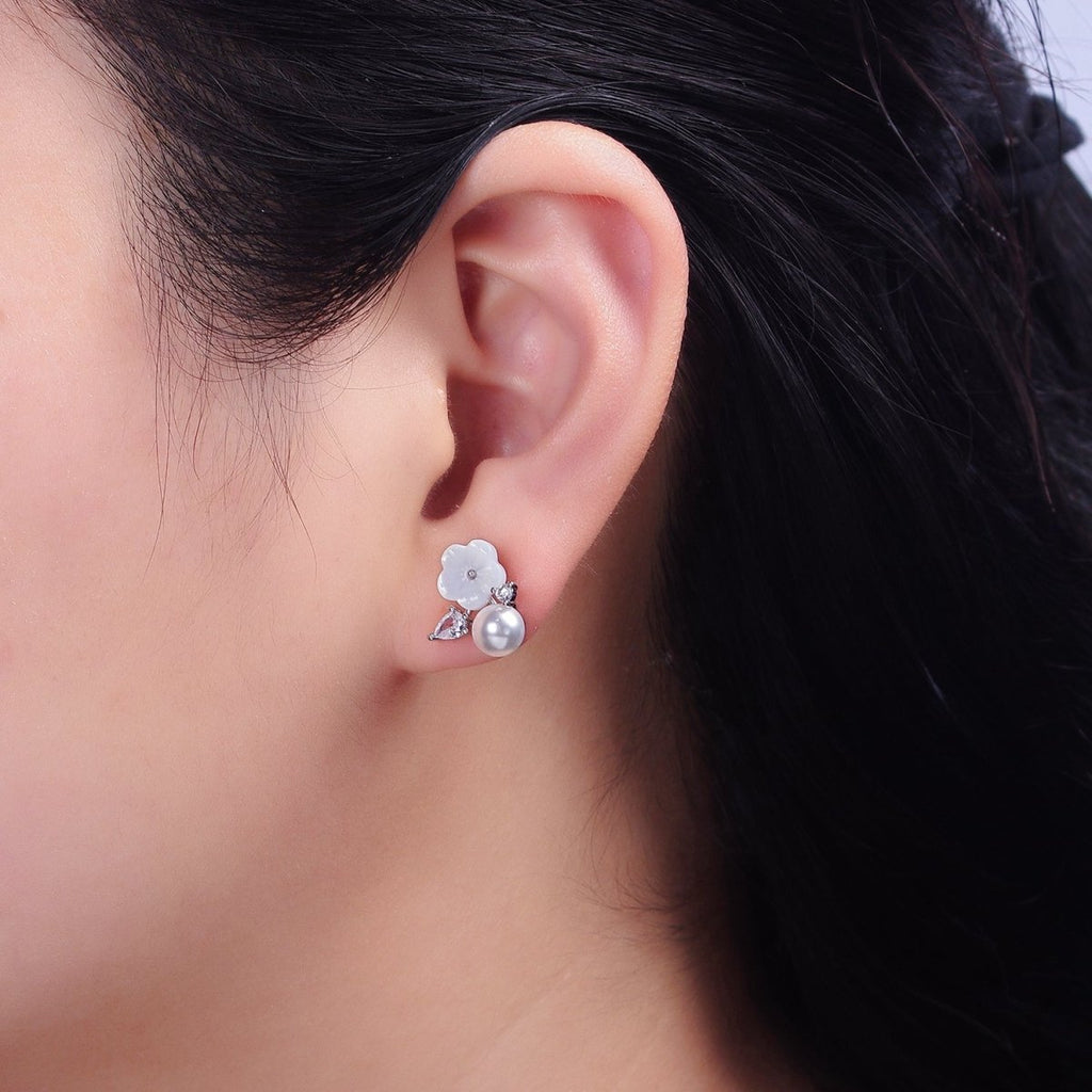16K Gold plated White Acrylic Flower Pearl CZ Stud Earrings in Gold & Silver | AD1558 AD1559