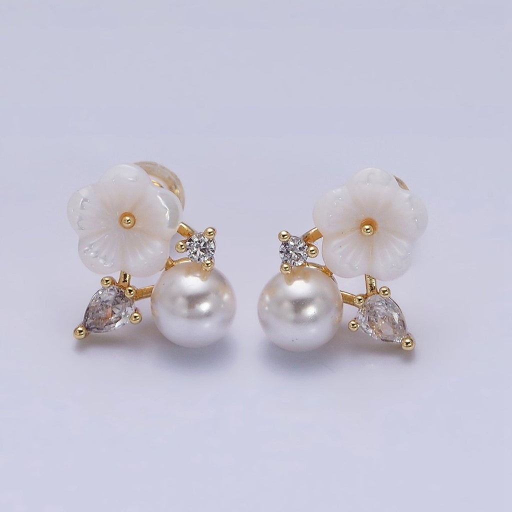 16K Gold plated White Acrylic Flower Pearl CZ Stud Earrings in Gold & Silver | AD1558 AD1559 - Gold - DLUXCA