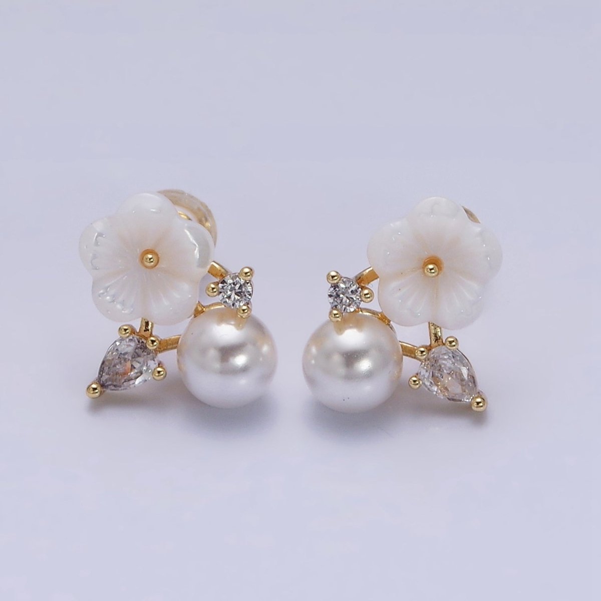 16K Gold plated White Acrylic Flower Pearl CZ Stud Earrings in Gold & Silver | AD1558 AD1559 - Gold - DLUXCA