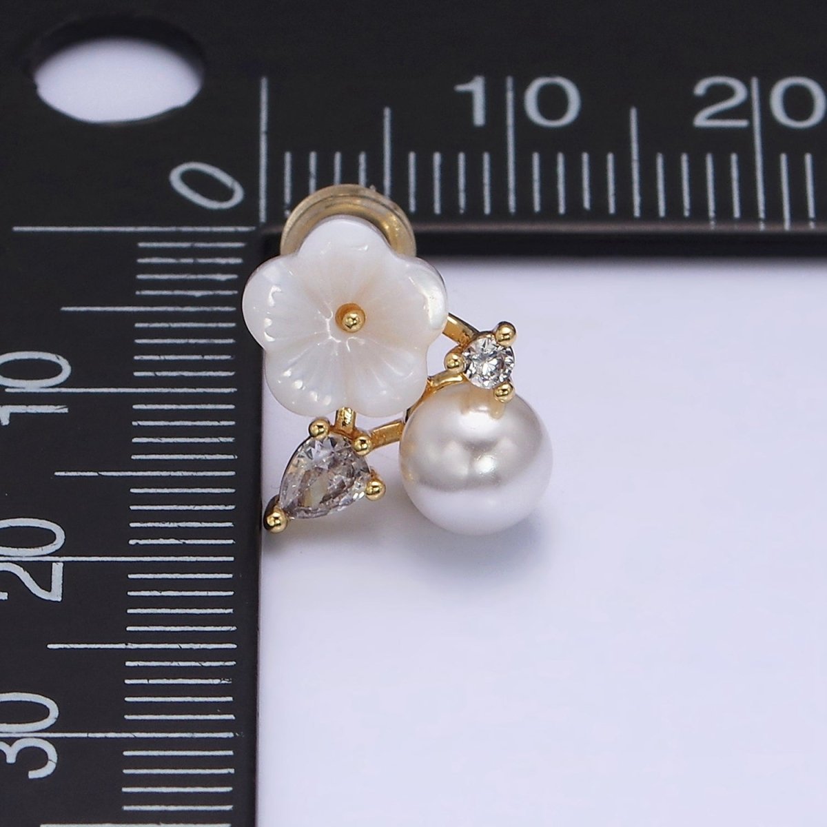 16K Gold plated White Acrylic Flower Pearl CZ Stud Earrings in Gold & Silver | AD1558 AD1559 - Gold - DLUXCA
