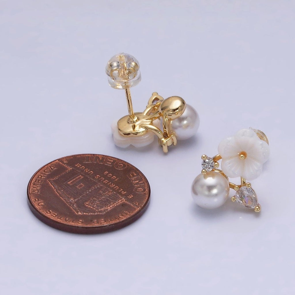 16K Gold plated White Acrylic Flower Pearl CZ Stud Earrings in Gold & Silver | AD1558 AD1559 - Gold - DLUXCA