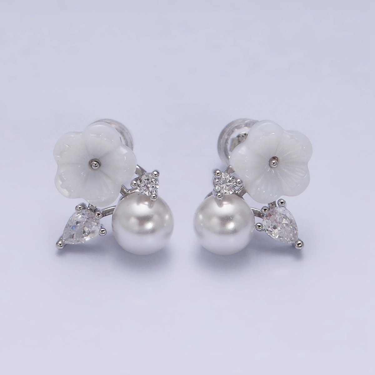 16K Gold plated White Acrylic Flower Pearl CZ Stud Earrings in Gold & Silver | AD1558 AD1559 - Gold - DLUXCA