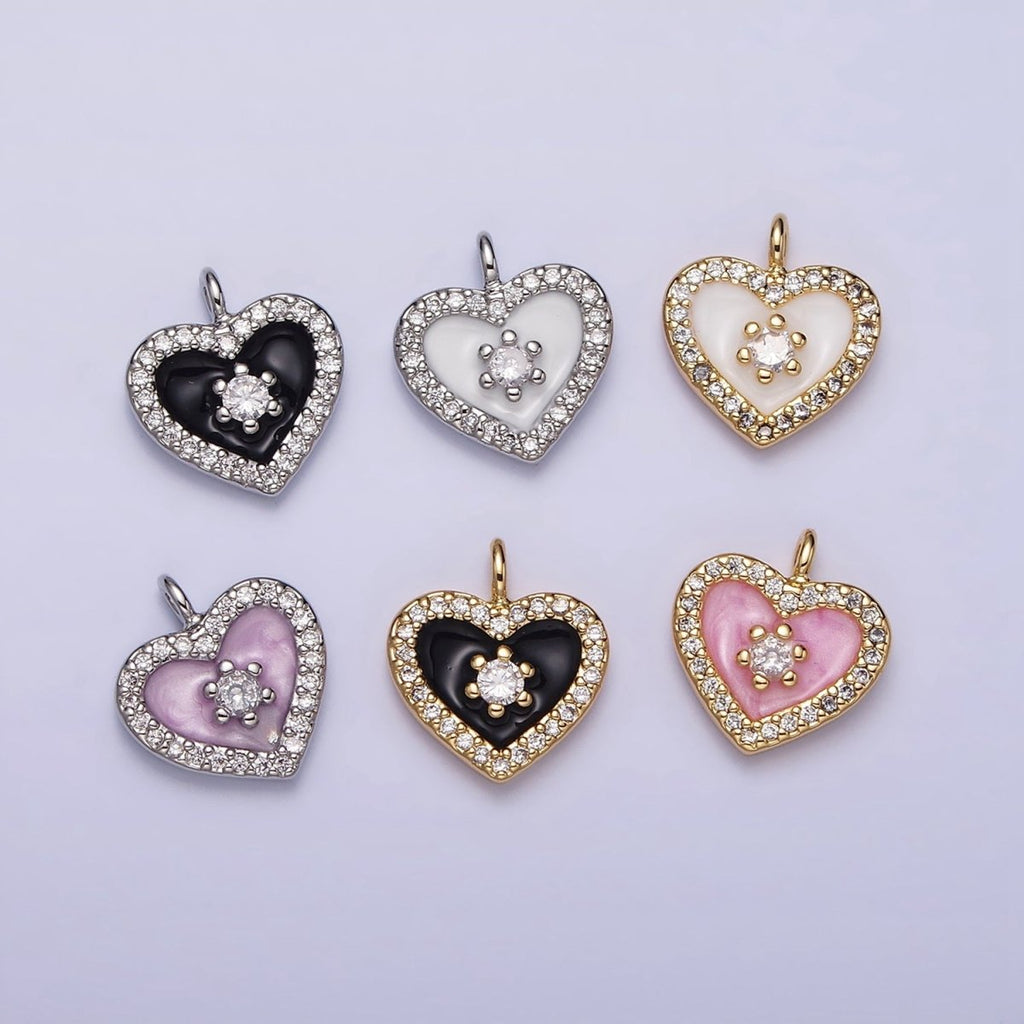 16K Gold plated White, Black, Pink Enamel Micro Paved CZ Heart Charm in Gold & Silver | AC1300 - AC1305 - DLUXCA