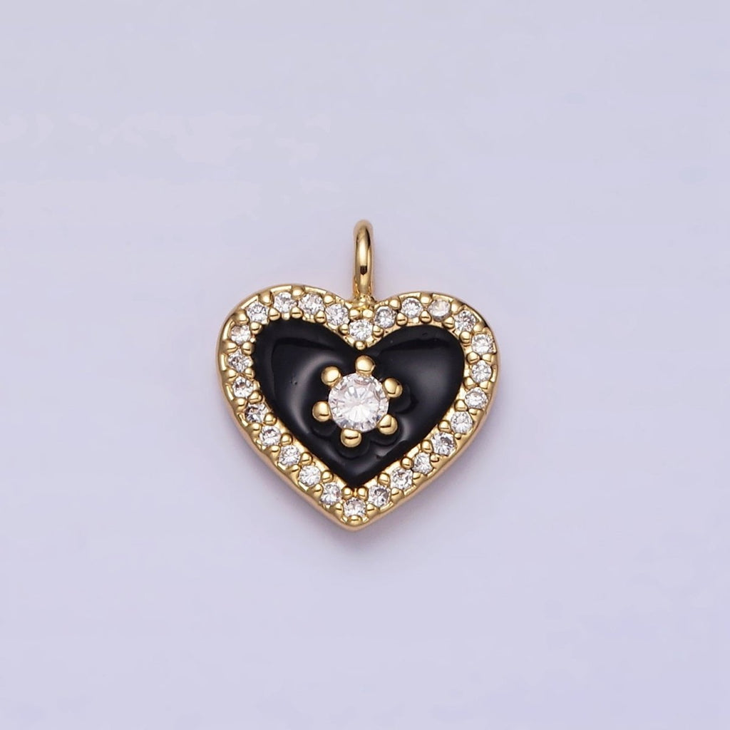 16K Gold plated White, Black, Pink Enamel Micro Paved CZ Heart Charm in Gold & Silver | AC1300 - AC1305 - DLUXCA