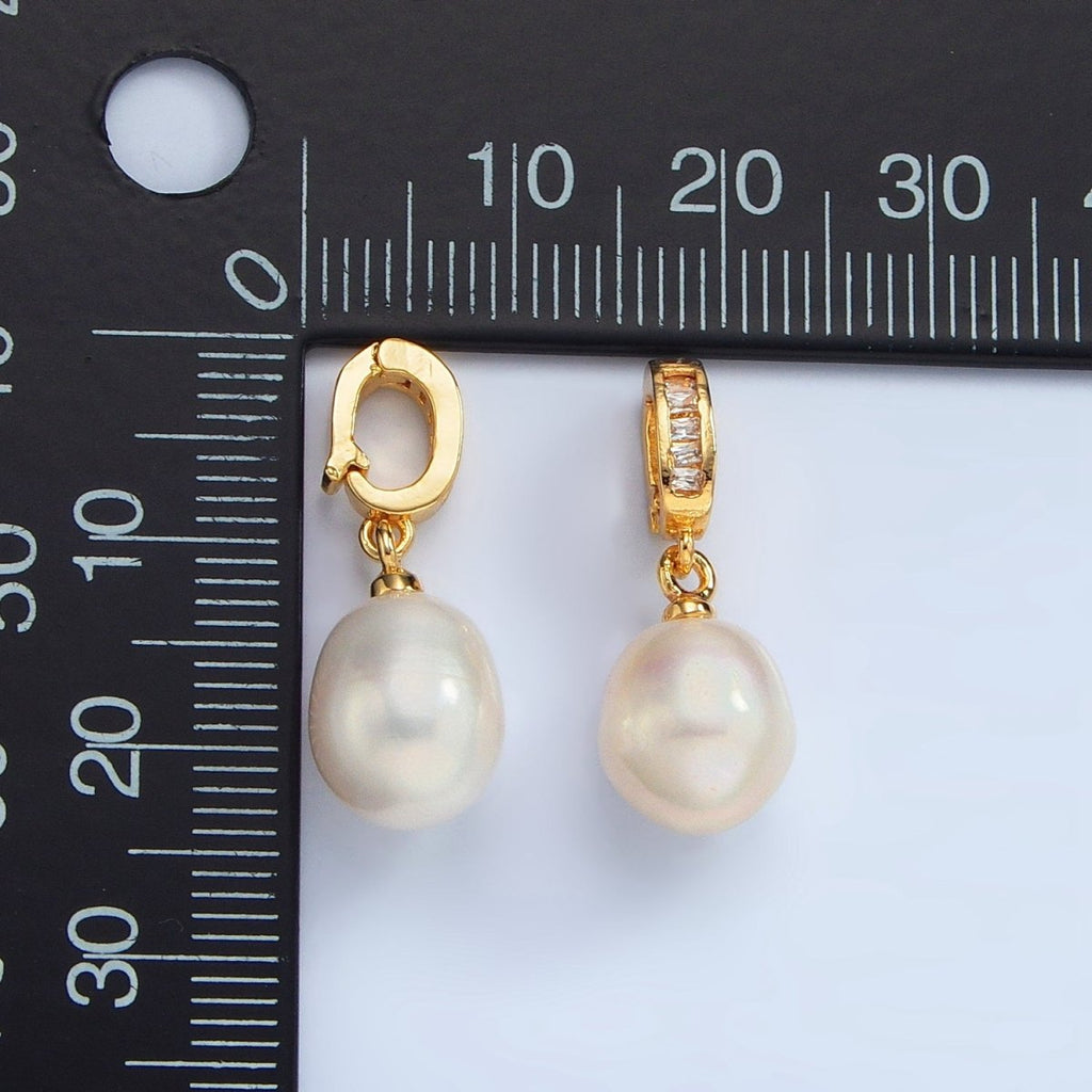 16K Gold plated White Freshwater Pearl Baguette CZ Snap Latch Pendant | P1873 - DLUXCA