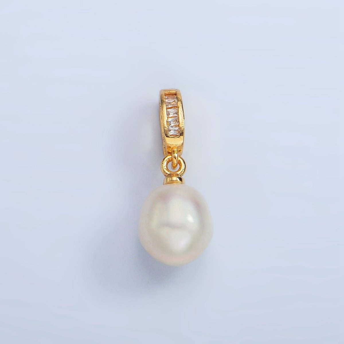 16K Gold plated White Freshwater Pearl Baguette CZ Snap Latch Pendant | P1873 - DLUXCA