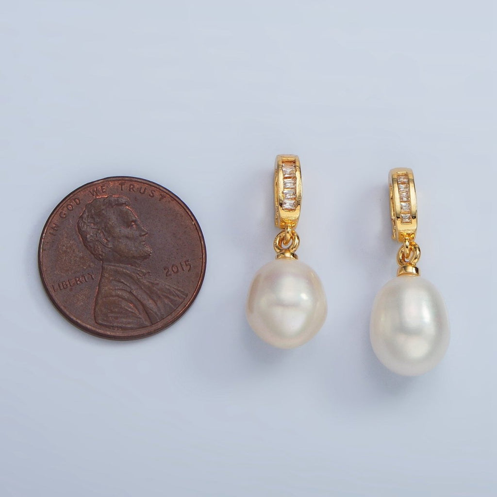 16K Gold plated White Freshwater Pearl Baguette CZ Snap Latch Pendant | P1873 - DLUXCA