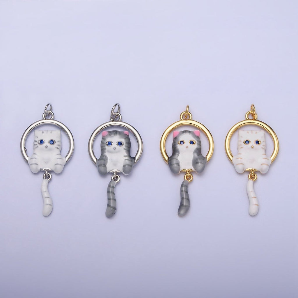 16K Gold plated White, Grey Striped Kitty Cat Tail Dangle Round Open Animal Pet Charm in Gold & Silver | AC1276 - AC1279
