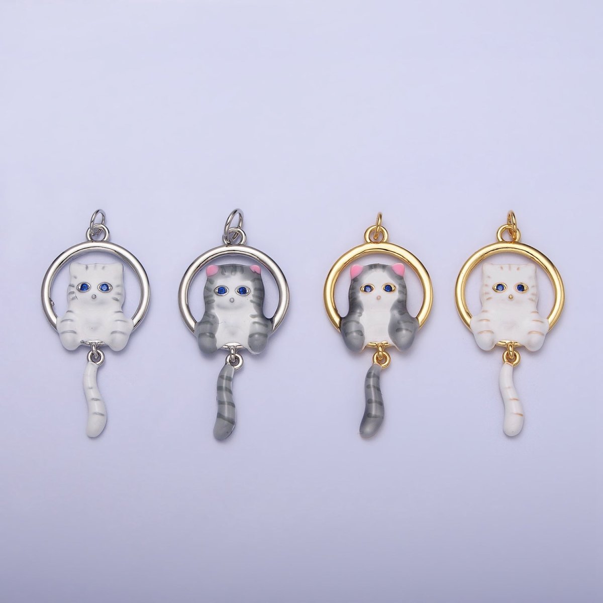 16K Gold plated White, Grey Striped Kitty Cat Tail Dangle Round Open Animal Pet Charm in Gold & Silver | AC1276 - AC1279