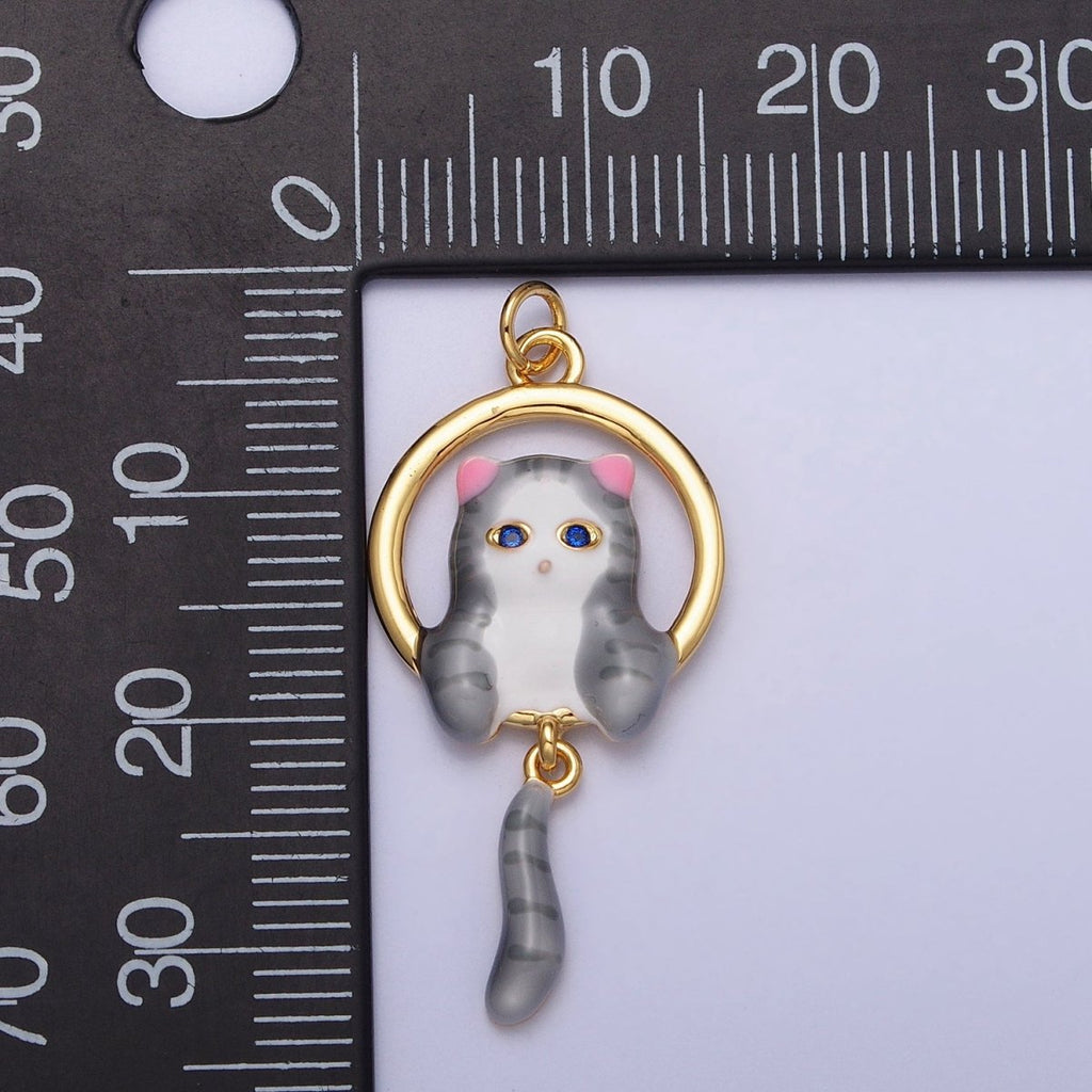 16K Gold plated White, Grey Striped Kitty Cat Tail Dangle Round Open Animal Pet Charm in Gold & Silver | AC1276 - AC1279