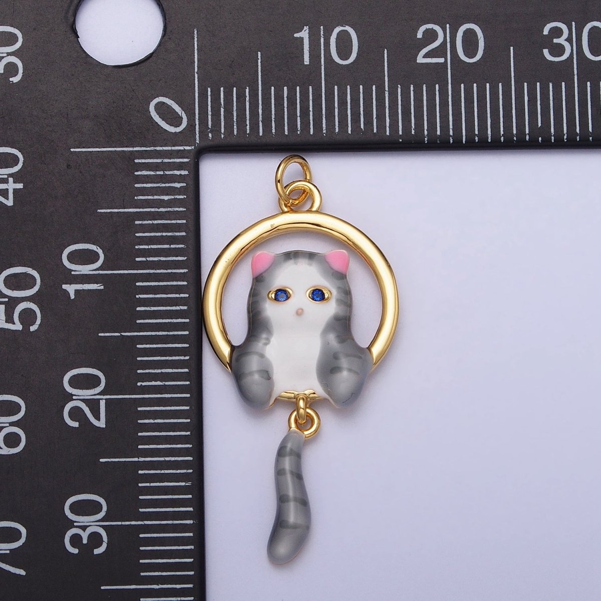 16K Gold plated White, Grey Striped Kitty Cat Tail Dangle Round Open Animal Pet Charm in Gold & Silver | AC1276 - AC1279