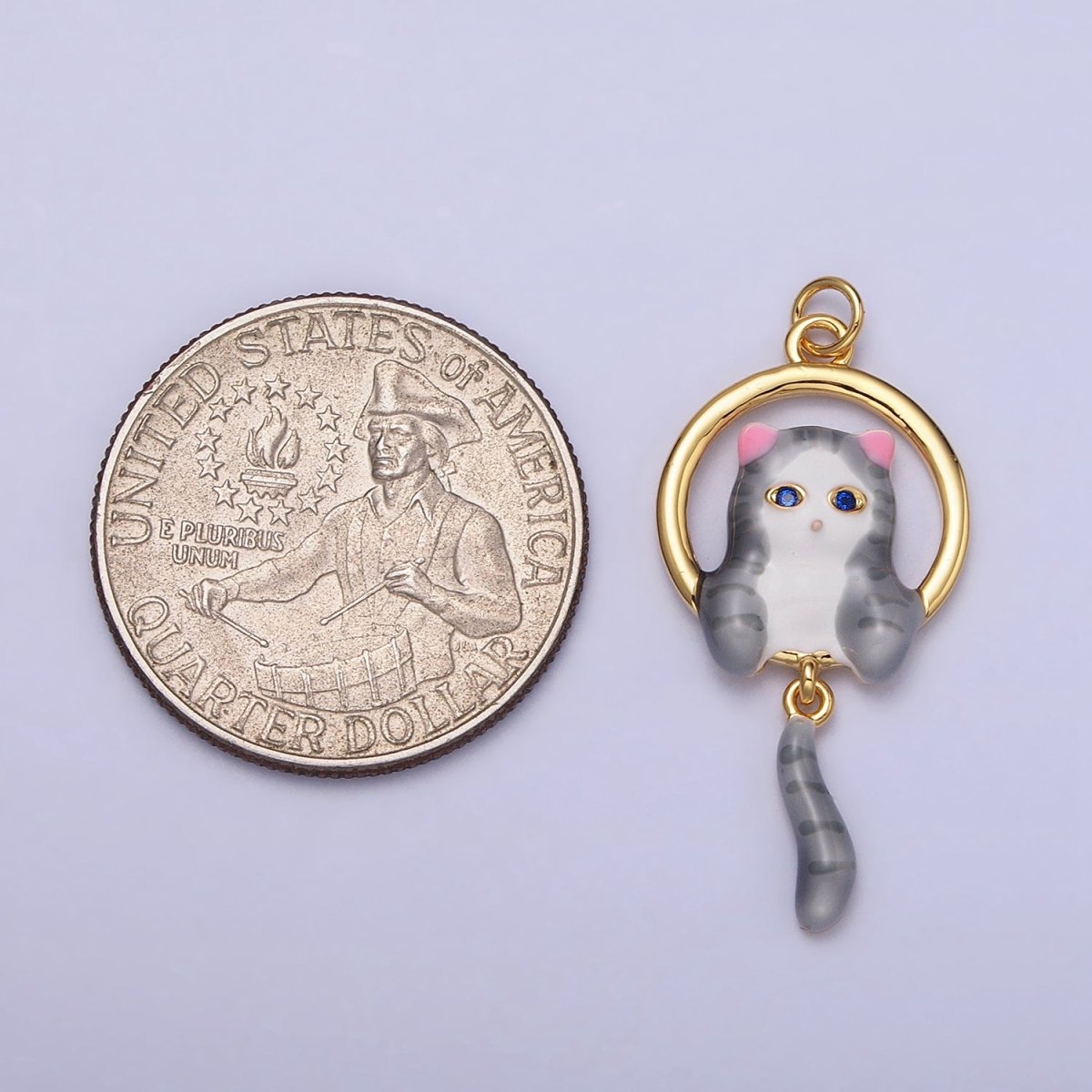 16K Gold plated White, Grey Striped Kitty Cat Tail Dangle Round Open Animal Pet Charm in Gold & Silver | AC1276 - AC1279