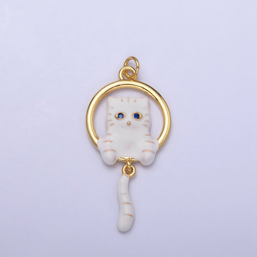 16K Gold plated White, Grey Striped Kitty Cat Tail Dangle Round Open Animal Pet Charm in Gold & Silver | AC1276 - AC1279