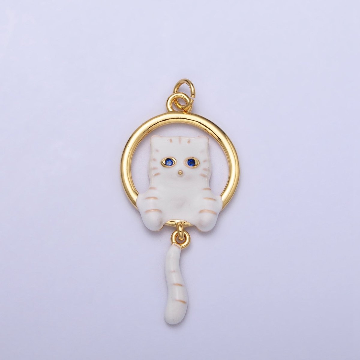 16K Gold plated White, Grey Striped Kitty Cat Tail Dangle Round Open Animal Pet Charm in Gold & Silver | AC1276 - AC1279