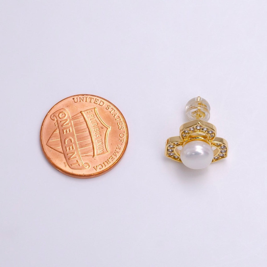 16K Gold plated White, Pink Pearl Open Clear Micro Paved CZ Flower Stud Earrings | AE795 AE796 - DLUXCA