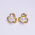 16K Gold plated White, Pink Pearl Open Clear Micro Paved CZ Flower Stud Earrings | AE795 AE796 - DLUXCA