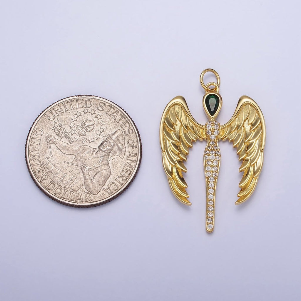 16K Gold plated Winged Angel Micro Paved CZ Silhouette Green Teardrop Charm in Gold & Silver | AC1268 AC1269