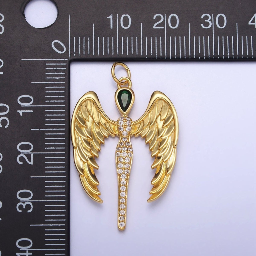 16K Gold plated Winged Angel Micro Paved CZ Silhouette Green Teardrop Charm in Gold & Silver | AC1268 AC1269