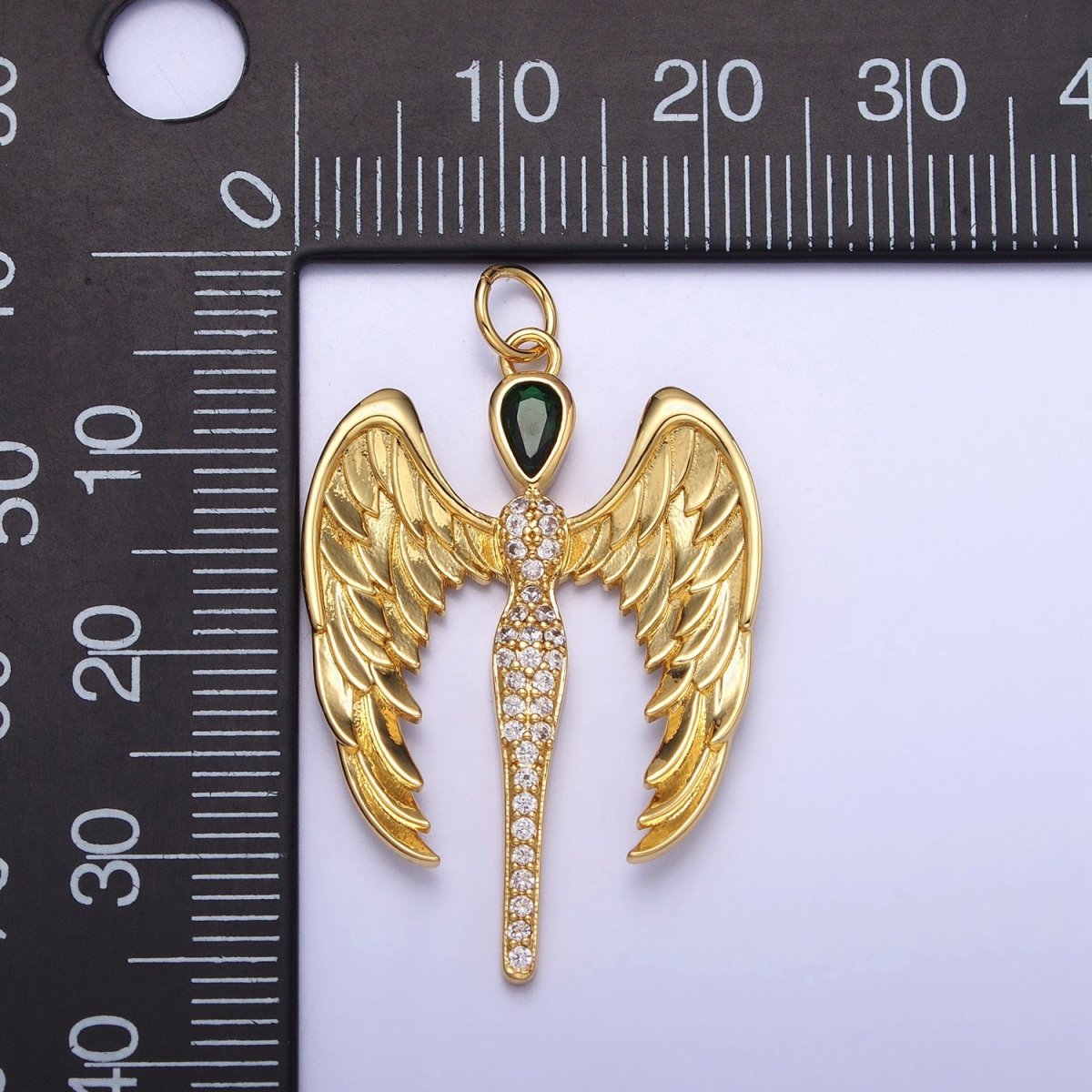 16K Gold plated Winged Angel Micro Paved CZ Silhouette Green Teardrop Charm in Gold & Silver | AC1268 AC1269