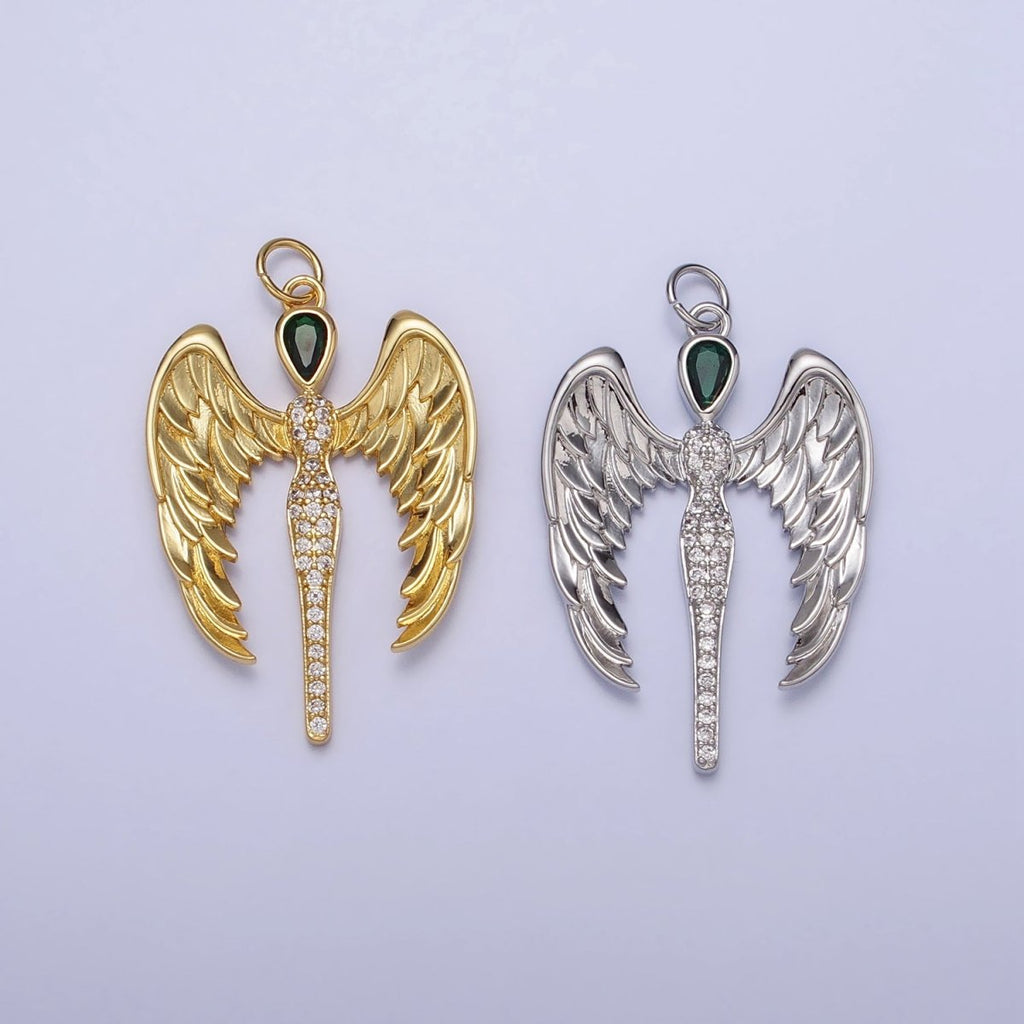16K Gold plated Winged Angel Micro Paved CZ Silhouette Green Teardrop Charm in Gold & Silver | AC1268 AC1269
