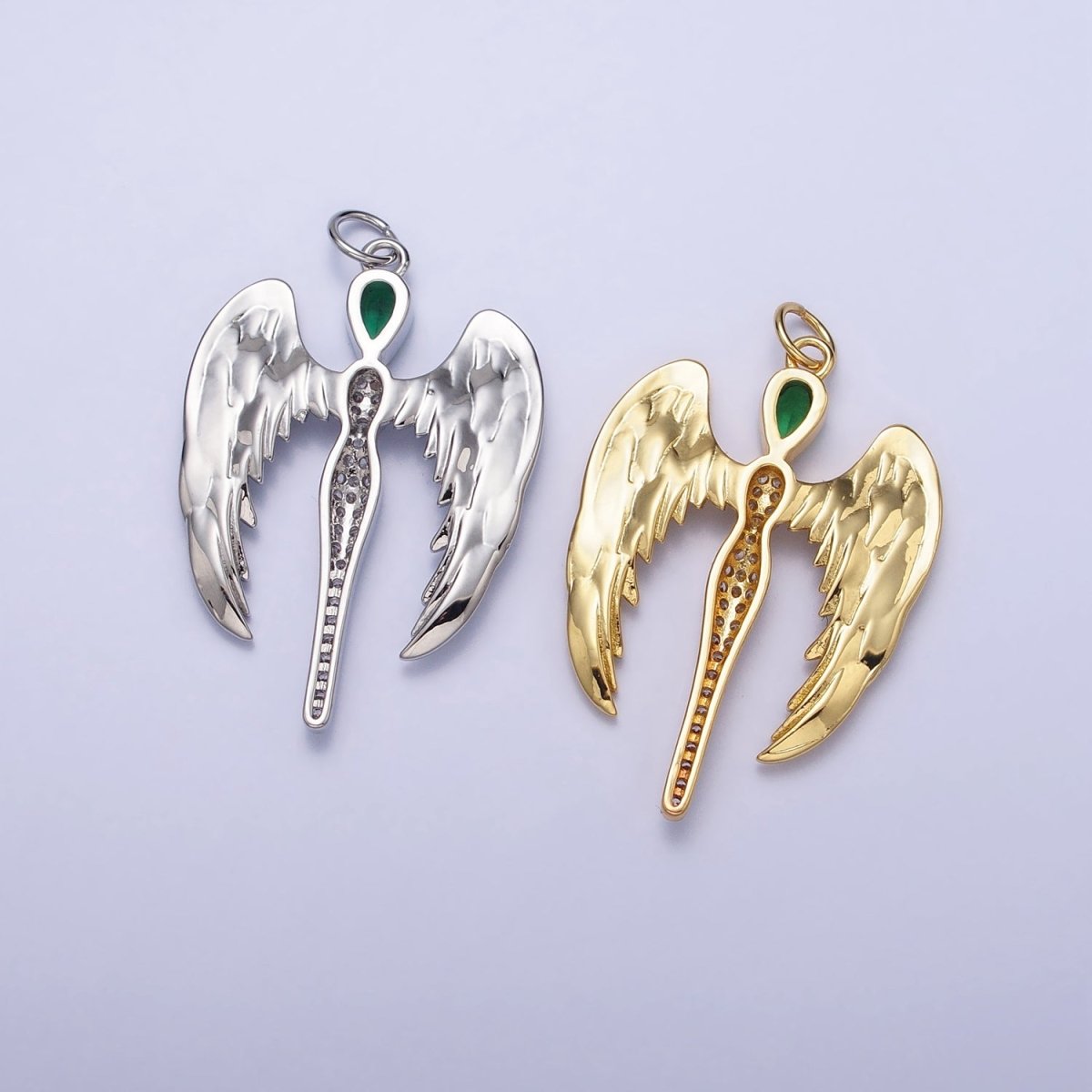 16K Gold plated Winged Angel Micro Paved CZ Silhouette Green Teardrop Charm in Gold & Silver | AC1268 AC1269