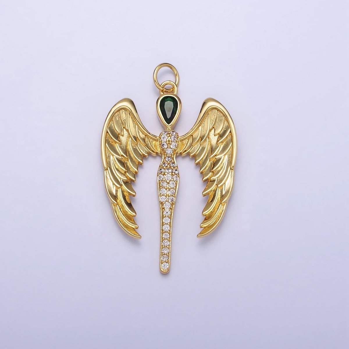 16K Gold plated Winged Angel Micro Paved CZ Silhouette Green Teardrop Charm in Gold & Silver | AC1268 AC1269