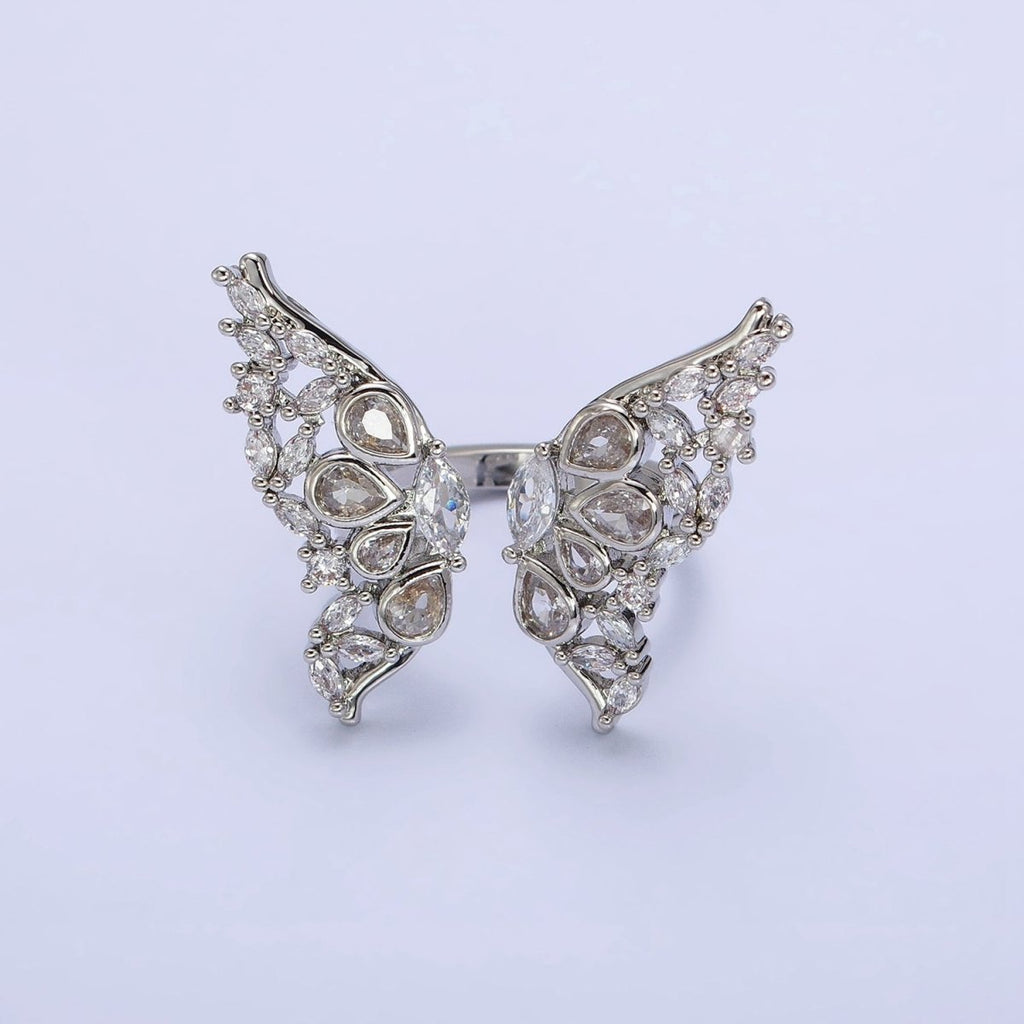 16K Gold plated Wings Butterfly Mariposa Teardrop Marquise Open Ring in Gold & Silver | O-1563 O-1564 - DLUXCA