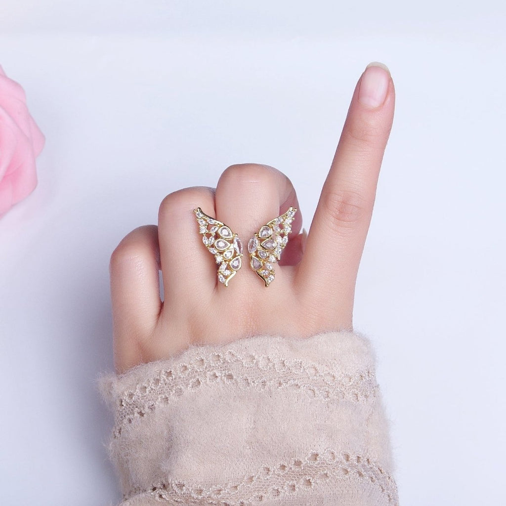 16K Gold plated Wings Butterfly Mariposa Teardrop Marquise Open Ring in Gold & Silver | O-1563 O-1564 - DLUXCA