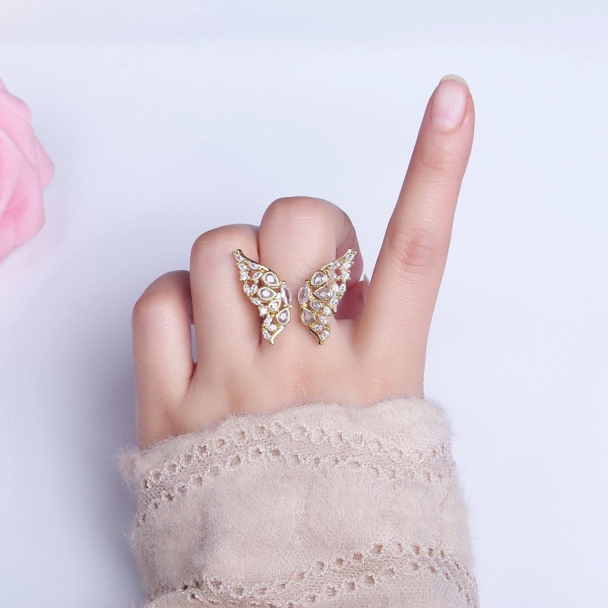 16K Gold plated Wings Butterfly Mariposa Teardrop Marquise Open Ring in Gold & Silver | O-1563 O-1564 - DLUXCA