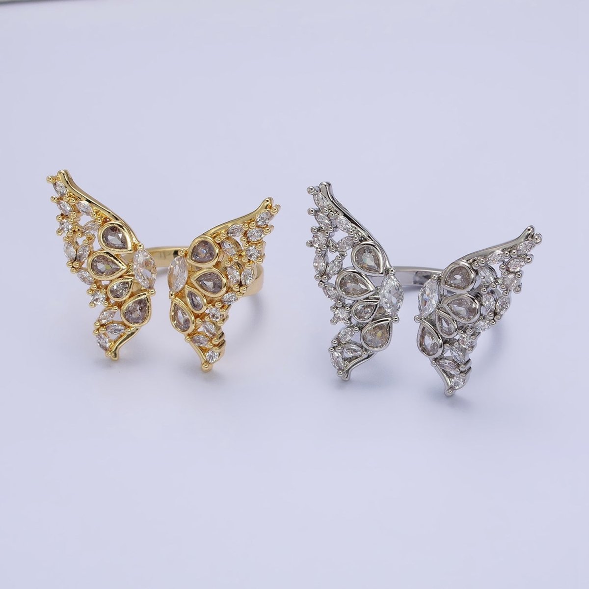 16K Gold plated Wings Butterfly Mariposa Teardrop Marquise Open Ring in Gold & Silver | O-1563 O-1564 - DLUXCA