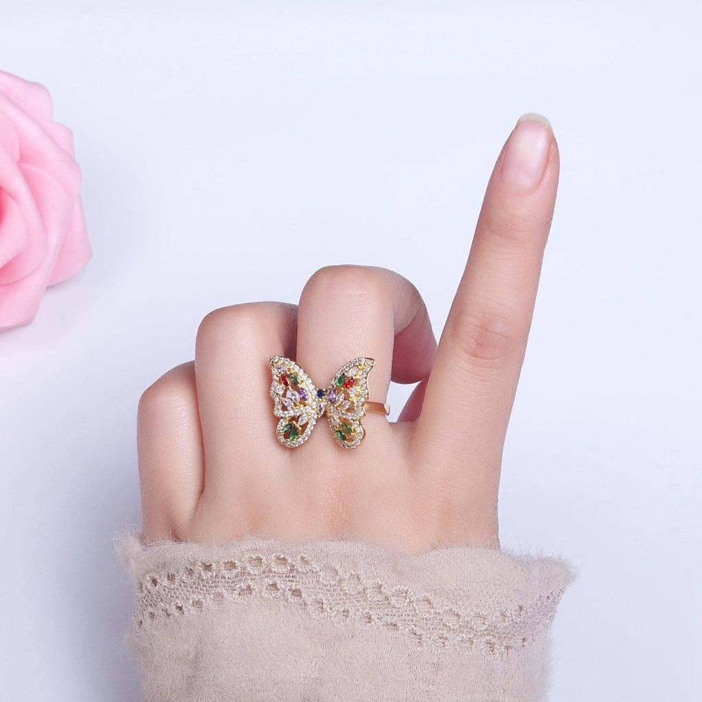 16K Gold plated Wings Butterfly Multicolor Marquise CZ Statement Ring in Gold & Silver | O-1573 O-1574