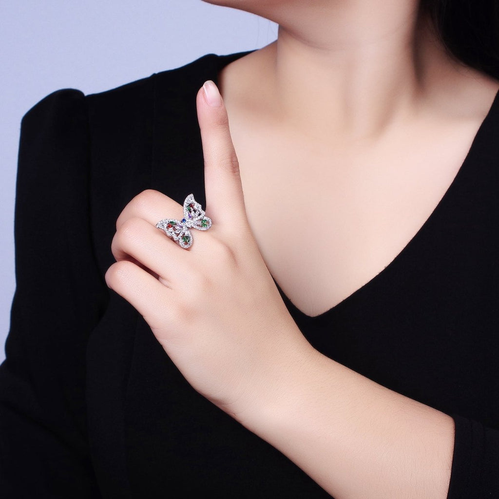 16K Gold plated Wings Butterfly Multicolor Marquise CZ Statement Ring in Gold & Silver | O-1573 O-1574