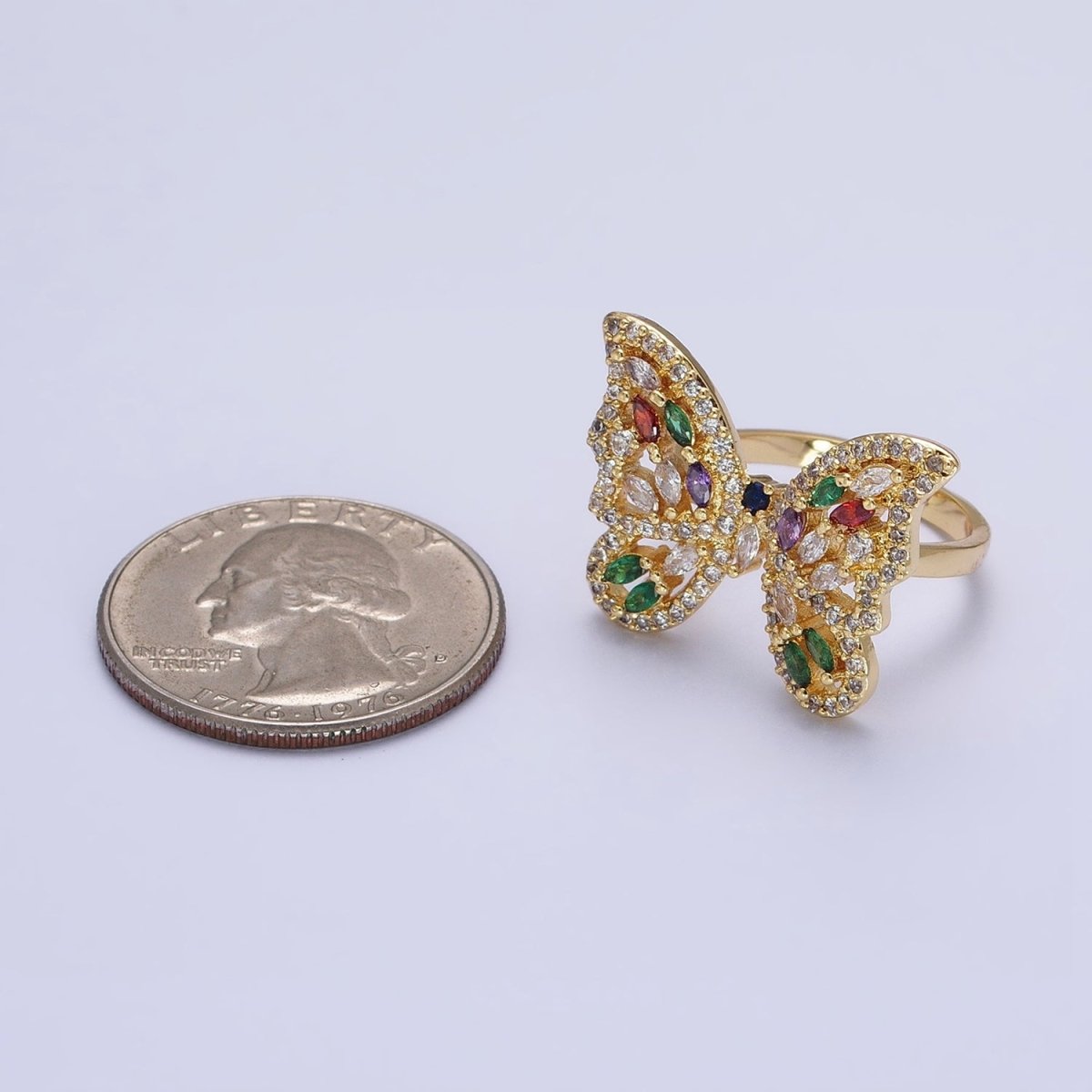 16K Gold plated Wings Butterfly Multicolor Marquise CZ Statement Ring in Gold & Silver | O-1573 O-1574