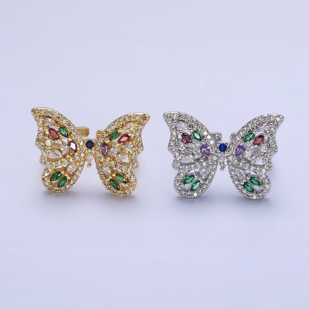 16K Gold plated Wings Butterfly Multicolor Marquise CZ Statement Ring in Gold & Silver | O-1573 O-1574
