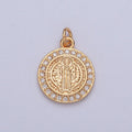 16K Gold Plated Micro Pave Cubic Zirconia St Benedict Medallion Religious Round Charm | X-206 - DLUXCA