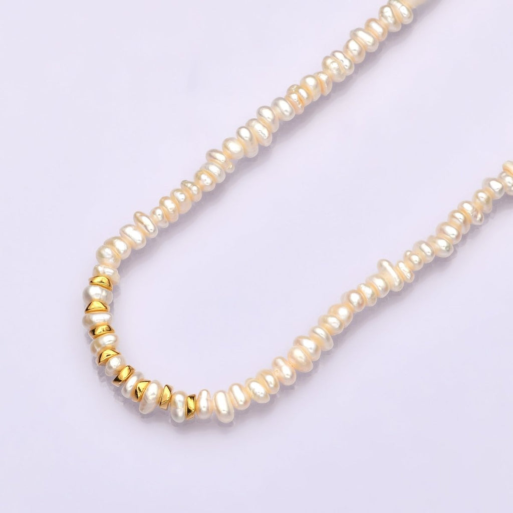 17.5 Inch Half 4.5mm Pearl Seed w. Gold Spacer Beads, Half Textured Heart Chain Necklace | WA - 1450 Clearance Pricing 