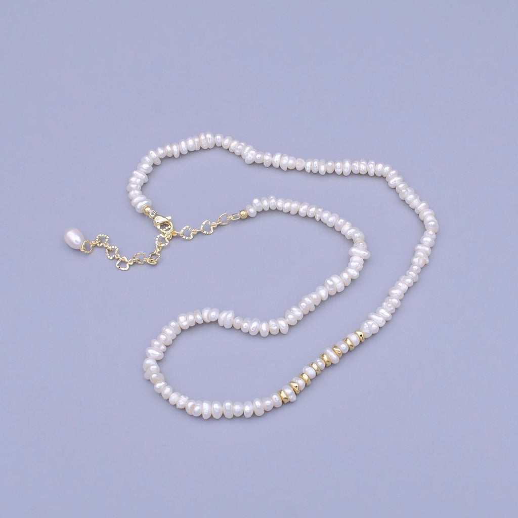 17.5 Inch Half 4.5mm Pearl Seed w. Gold Spacer Beads, Half Textured Heart Chain Necklace | WA-1450 Clearance Pricing