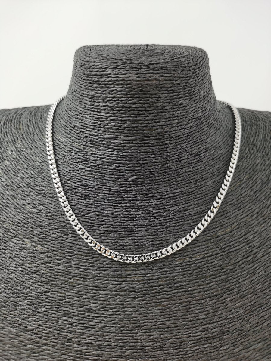 17.7 inch Silver Curb Chain Necklace, White Gold plated Curb Finished Necklace, 3mm Curb Necklace w/ Spring Ring | CN-620 Clearance Pricing - DLUXCA