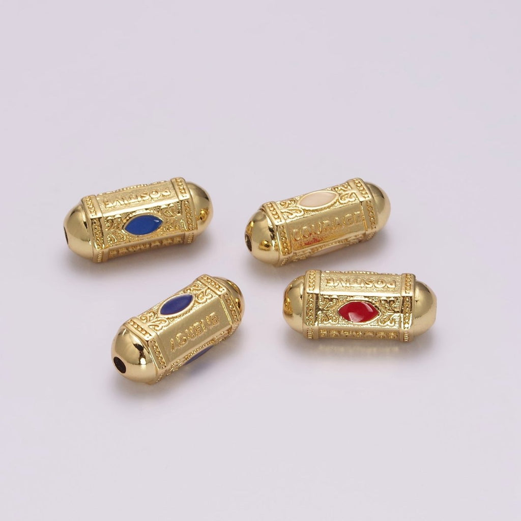 18K Dainty Gold plated Positive Energy Word Hexagon Shape Small Hole Tube Spacer Beads, Drum Barrel Beads, Blue Dark Blue Red Yellow CZ Tube Spacer for Bracelet B-623 to B-626 - DLUXCA