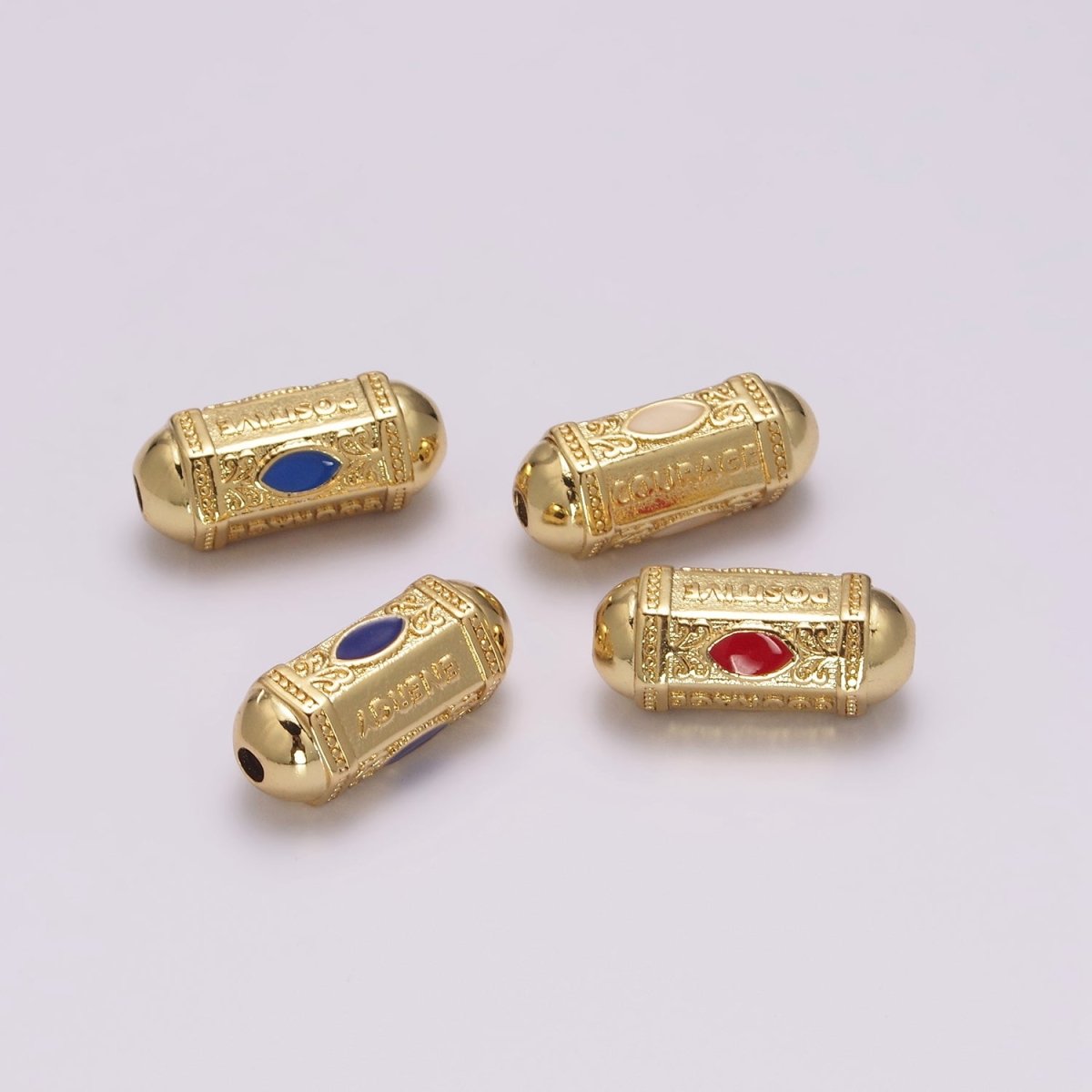 18K Dainty Gold plated Positive Energy Word Hexagon Shape Small Hole Tube Spacer Beads, Drum Barrel Beads, Blue Dark Blue Red Yellow CZ Tube Spacer for Bracelet B-623 to B-626 - DLUXCA
