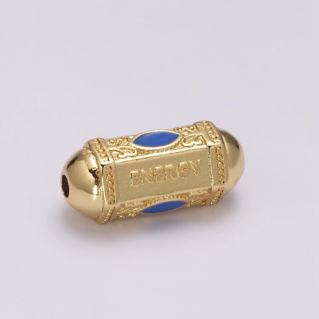 18K Dainty Gold plated Positive Energy Word Hexagon Shape Small Hole Tube Spacer Beads, Drum Barrel Beads, Blue Dark Blue Red Yellow CZ Tube Spacer for Bracelet B-623 to B-626 - DLUXCA