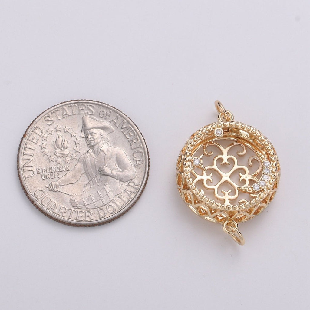 18K Filligree Essential Oil Diffuser, Cresent Moon, Star, Planet Gold Plated Micro Pave CZ Connector Micro Pave CZ Bracelet Connector F-809 - DLUXCA