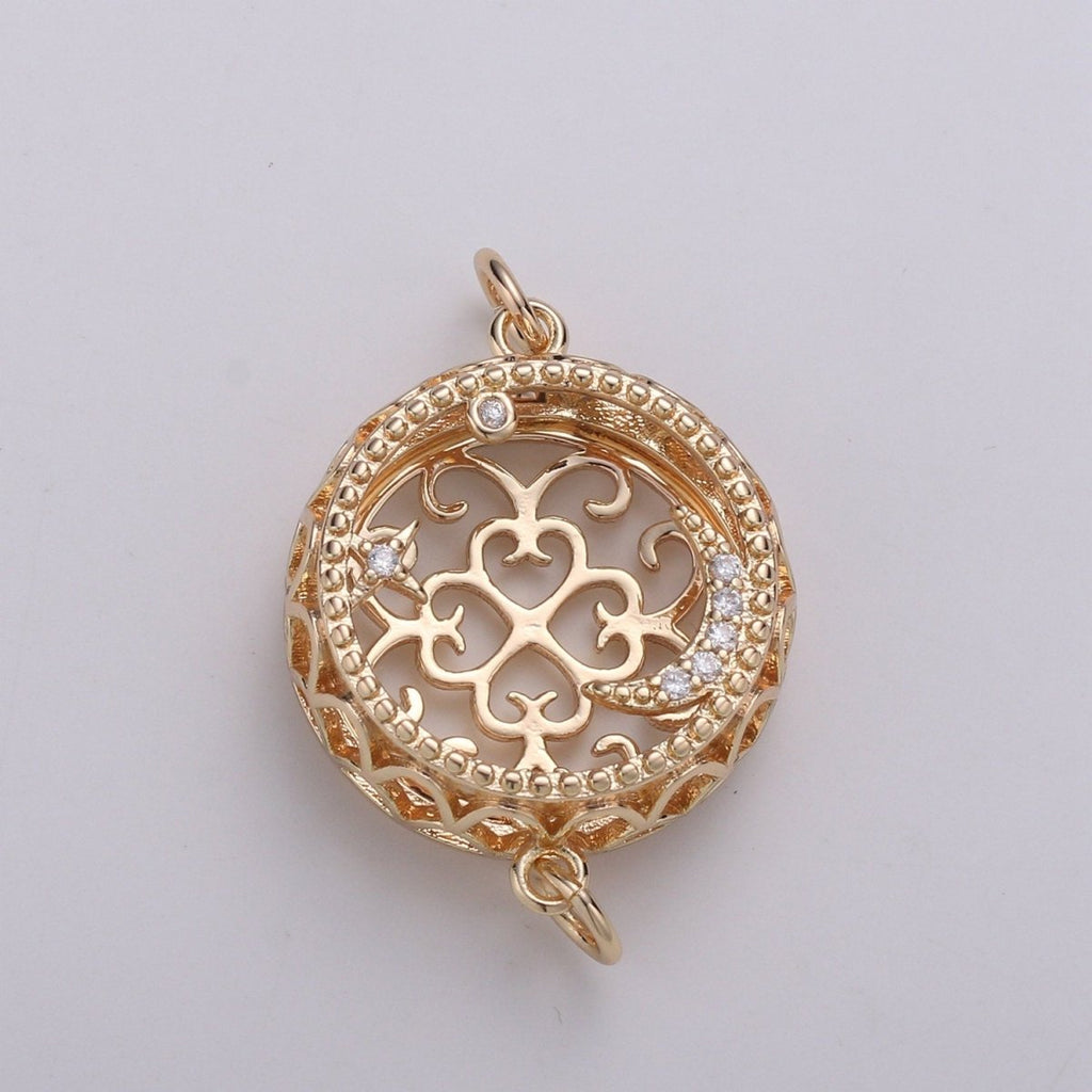 18K Filligree Essential Oil Diffuser, Cresent Moon, Star, Planet Gold Plated Micro Pave CZ Connector Micro Pave CZ Bracelet Connector F-809 - DLUXCA