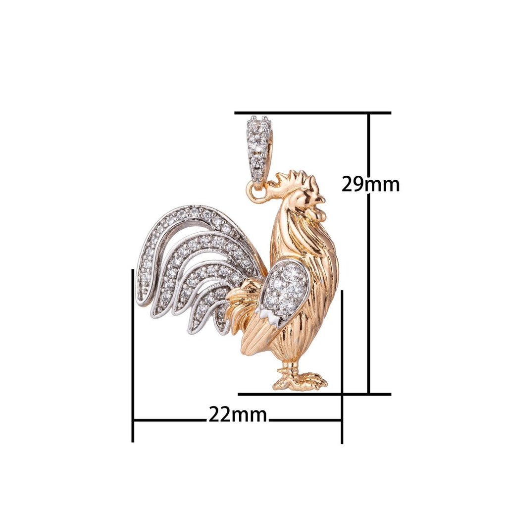 18k Gold Fill Rooster Pendant in CZ Cubic Zirconia Charm H-881 - DLUXCA